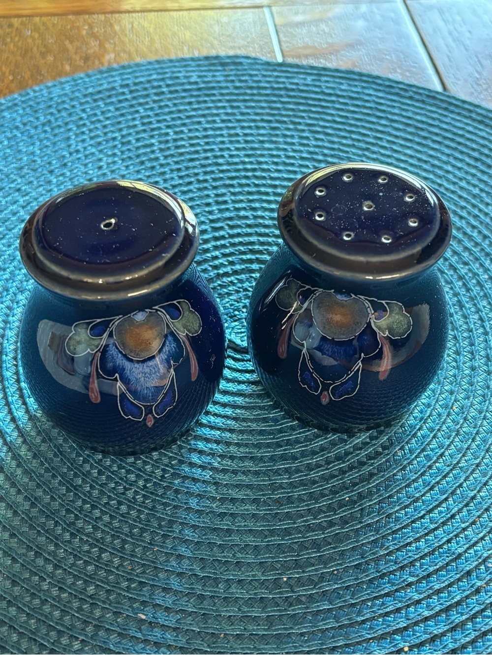 Vintage Denby Baroque Salt and Pepper Shakers in Deep Cobalt Blue with Design